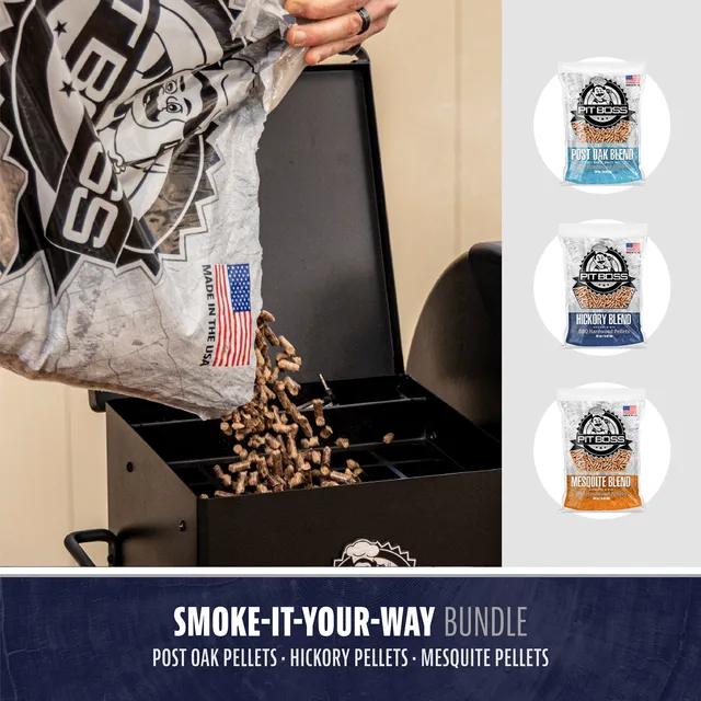 pit-boss-smoke-it-your-way-bundle-3-bolsas-de-20-lb-post-oak-hickory-blend-y-mes image 1