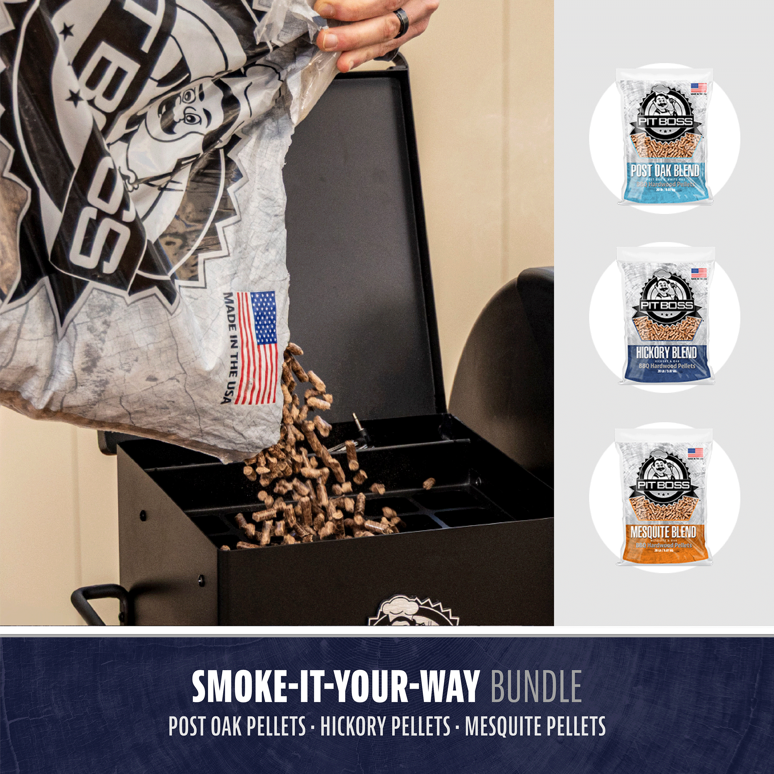 pit-boss-smoke-it-your-way-bundle-3-bolsas-de-20-lb-post-oak-hickory-blend-y-mes image 1